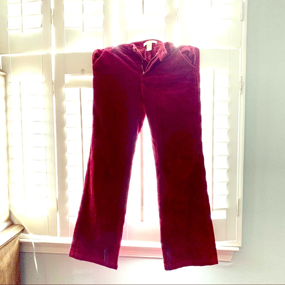 Girls corduroy pants in deep burgundy red.